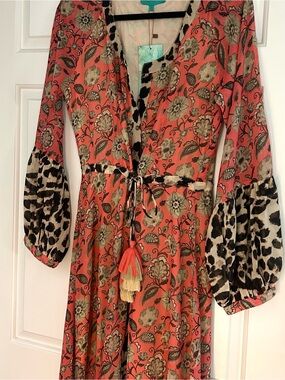 Boho Floral Maxi Dress with Tassel Tie - Coral/Beige